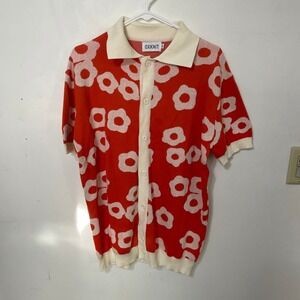 Oxknit Orange Floral Knit Cardigan Polo Short Sleeve Button Mens Sweater XL Golf